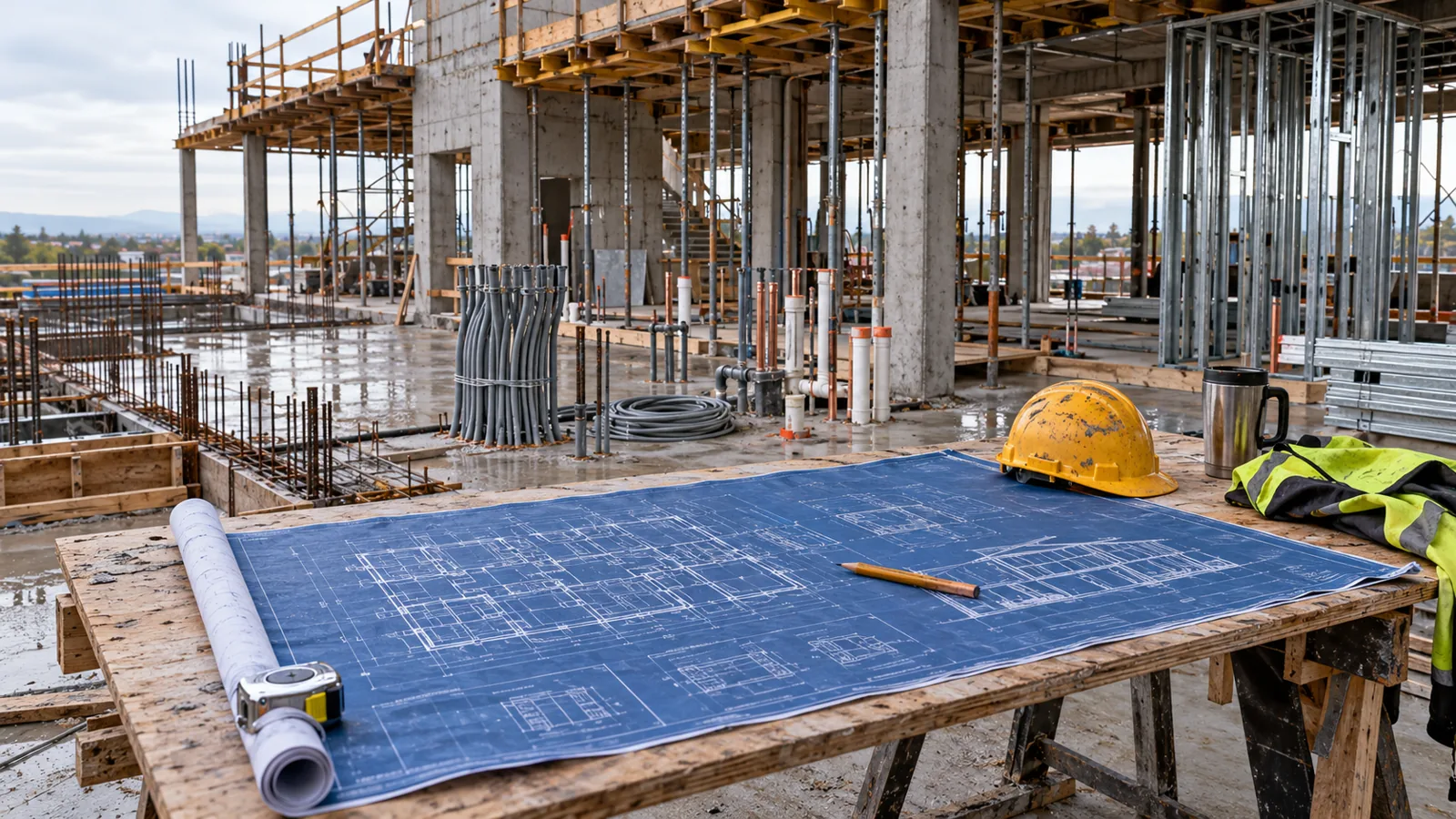 A building site before the crews arrive: concrete, wiring, plumbing and framing all underway, with the blueprint unrolled on a plywood table at the center.