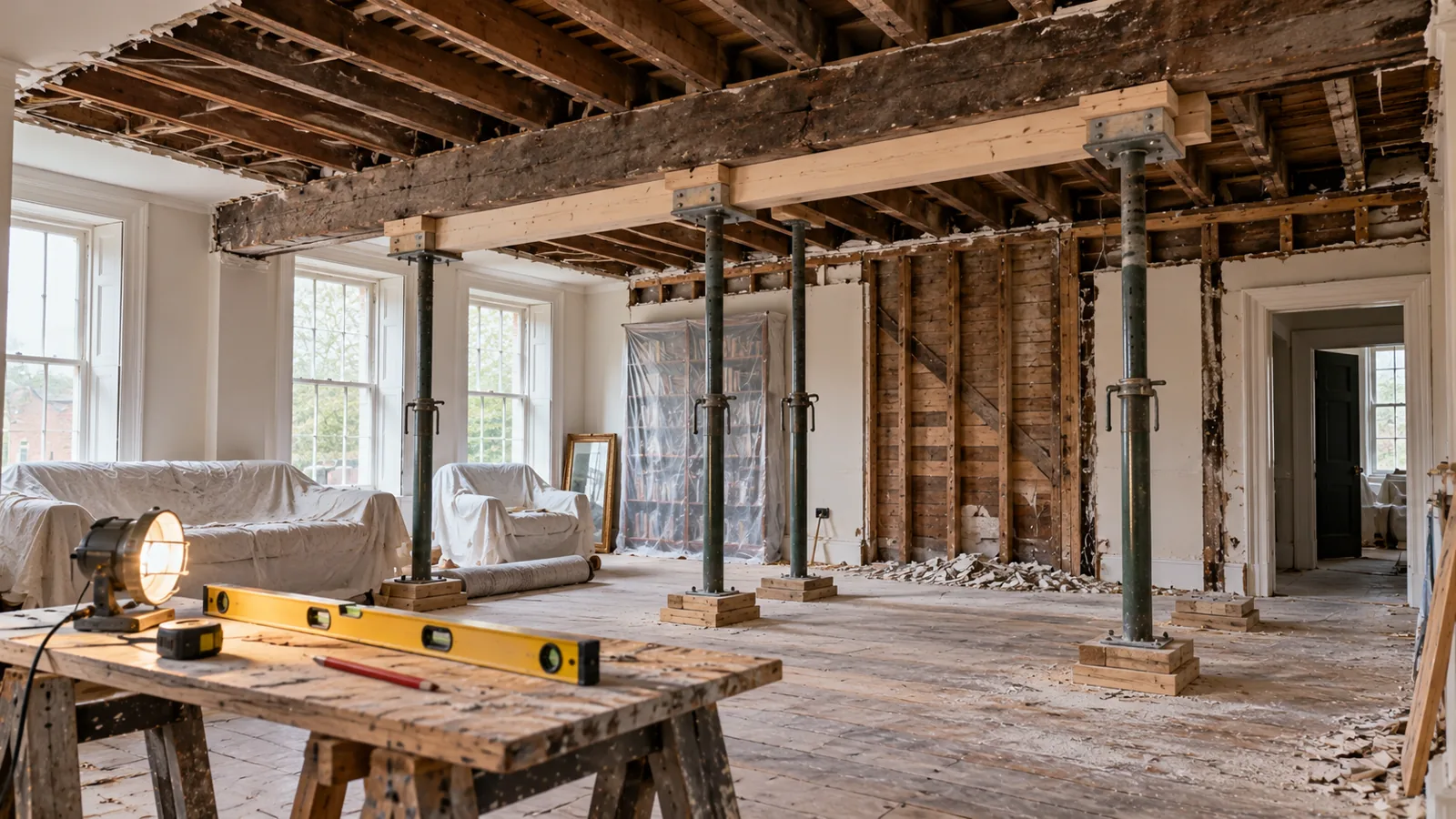 An older room opened up mid-renovation: its timber beams exposed, a new beam held on steel props, the furniture waiting under dust sheets.
