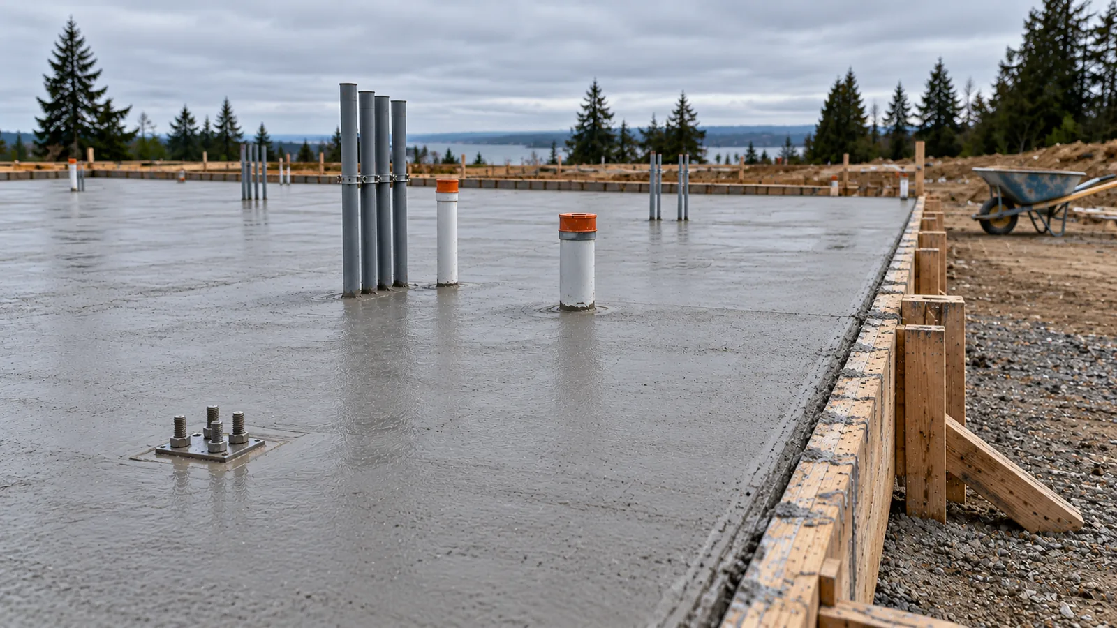 A freshly poured concrete slab sets around four anchor bolts on a steel template and upright conduits, bordered by timber formwork, with a wheelbarrow on the ground beyond.