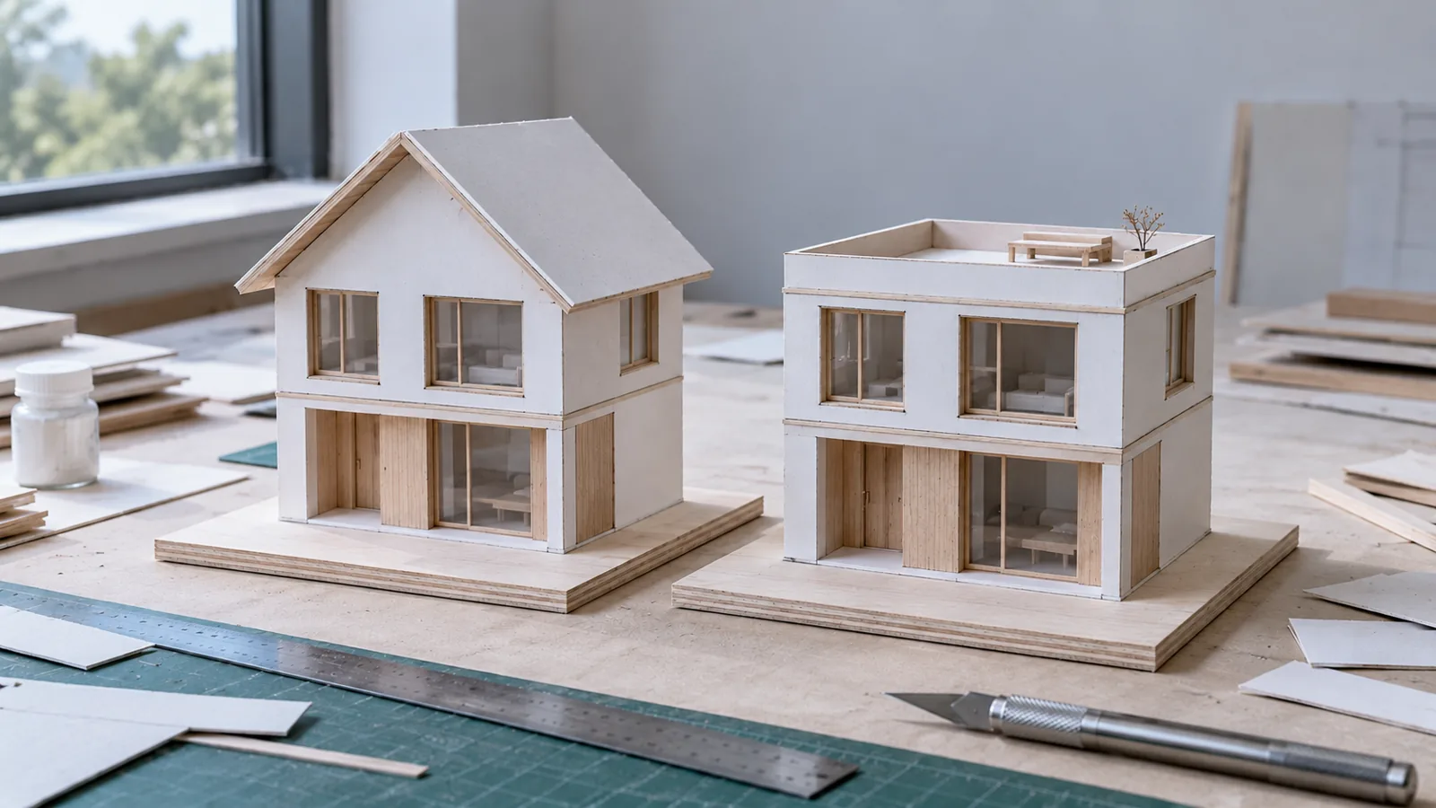 Two identical house models on an architect's table, one with a pitched roof and one with a flat roof terrace.