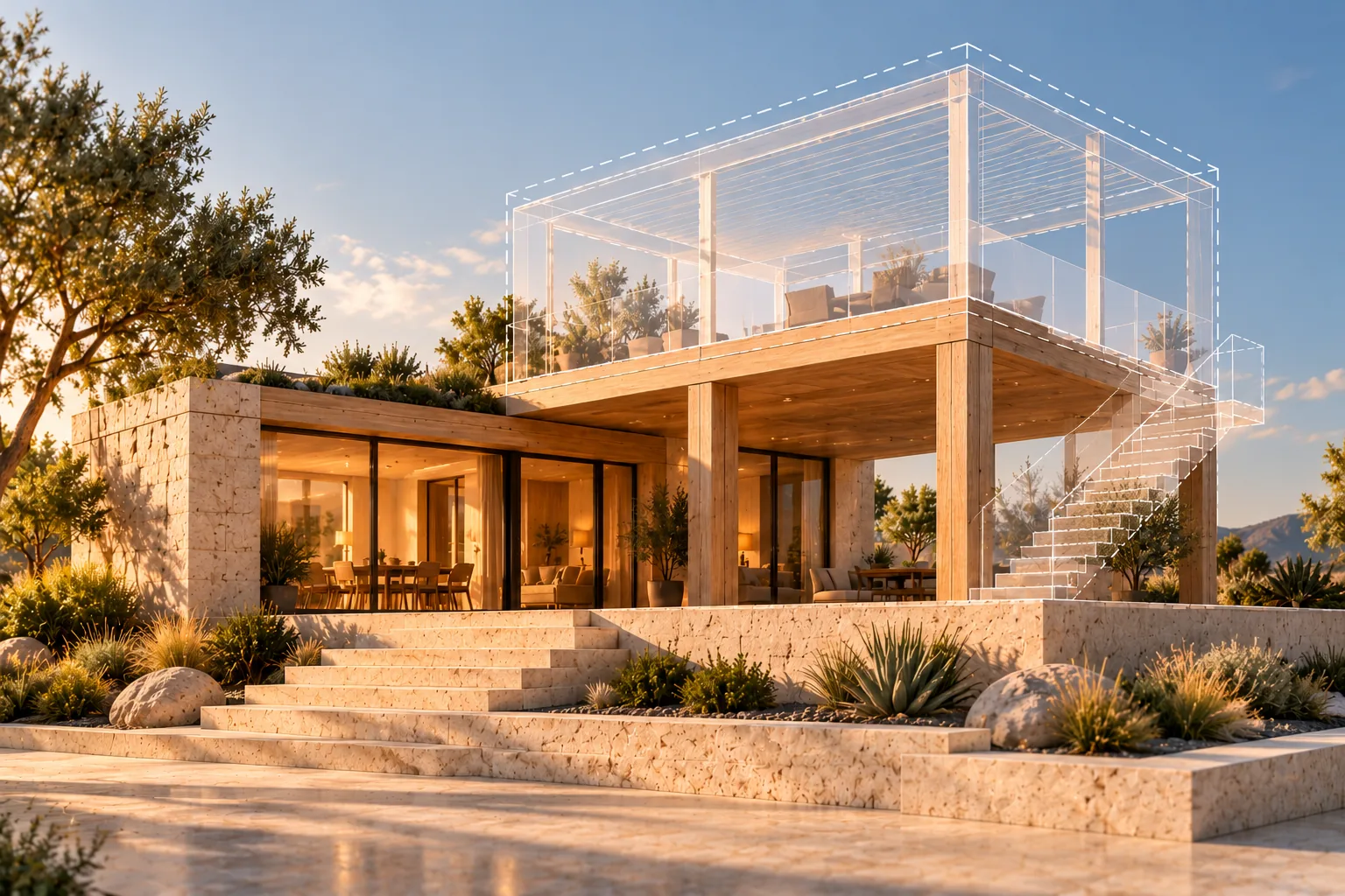 A finished sunlit stone-and-timber pavilion with a faint white wireframe of a planned rooftop deck, pergola and staircase rising along the right side.