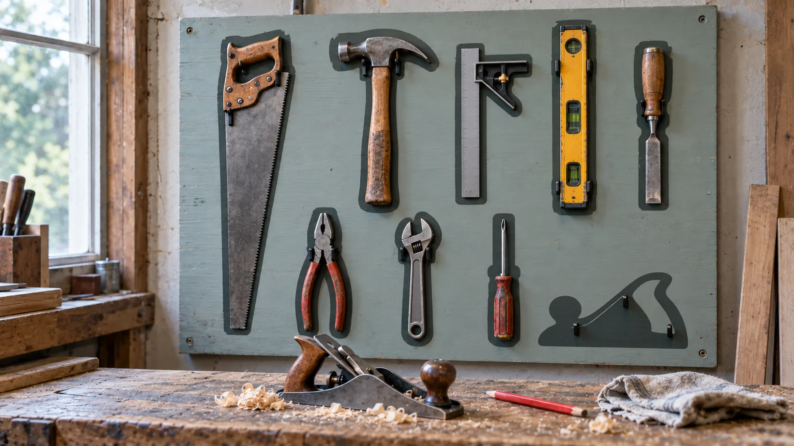 A workshop wall of hand tools, each in its painted outline, with one outline empty and that tool on the bench below.