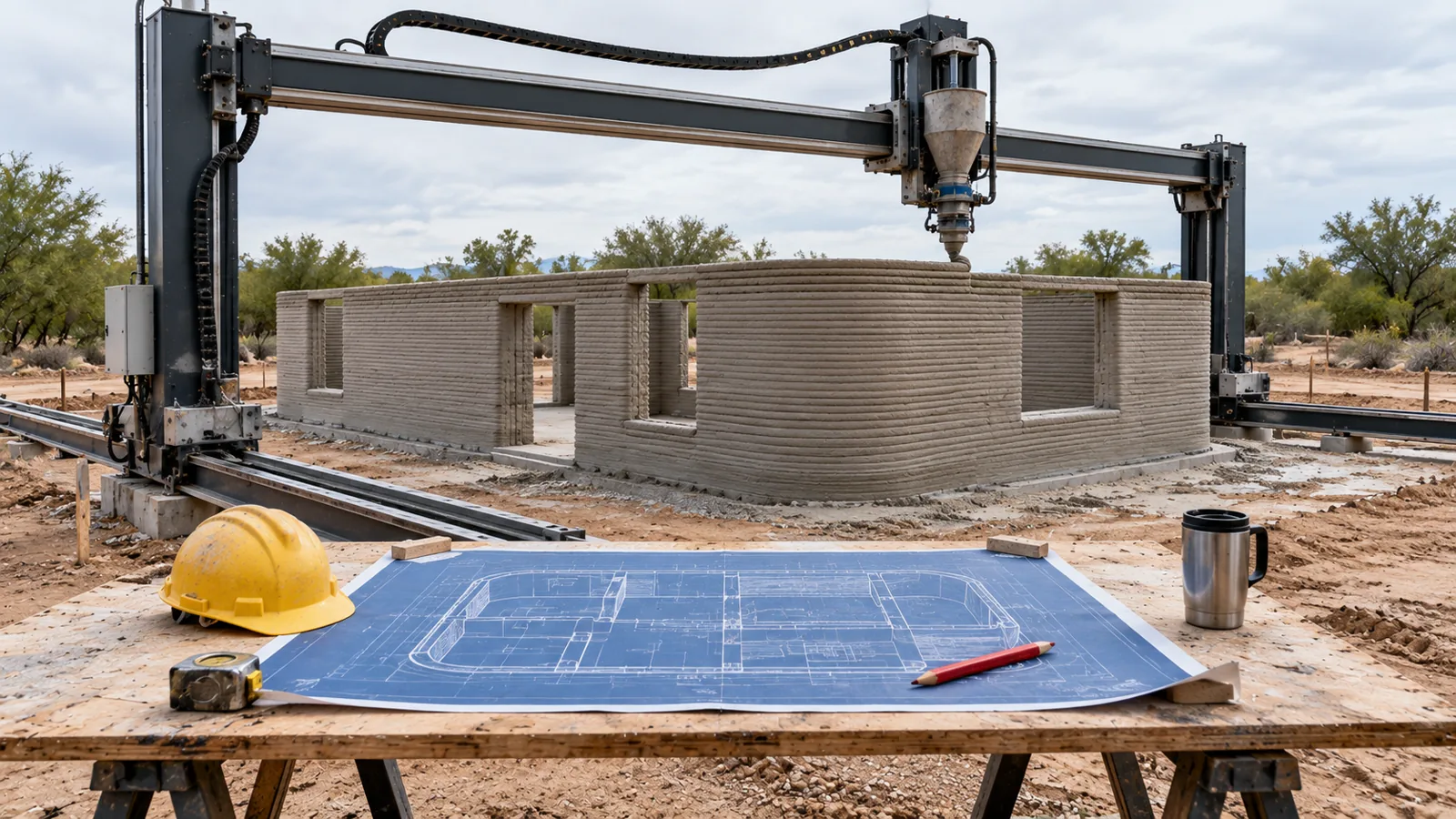 A construction 3D printer lays the curved concrete walls of a small house, with the plan it is building from unrolled on a table in front.