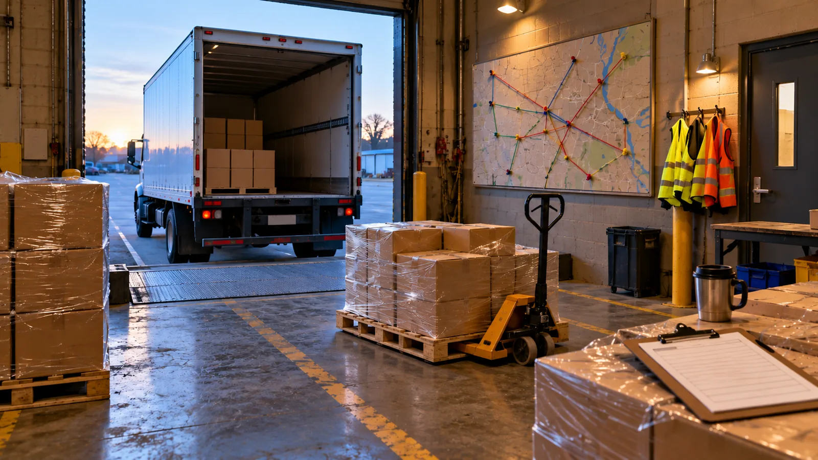 An empty distribution center at dawn: a truck backed to the dock, pallets of parcels, a route board, crew vests on hooks and a manifest on a clipboard.