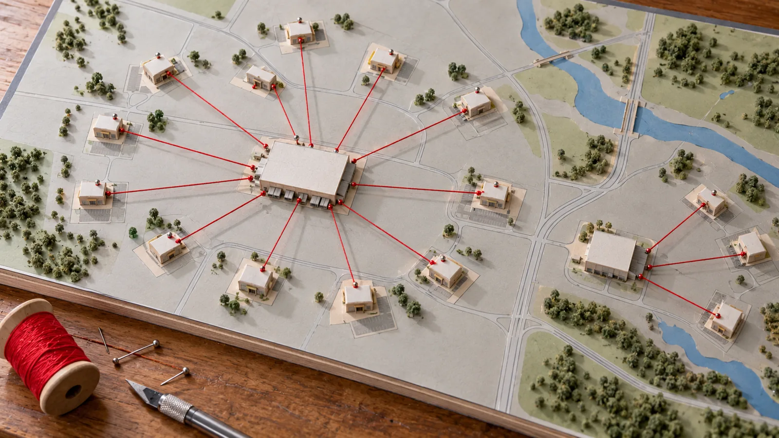 A card model of a region from above: one distribution center joined by red threads to many small stores, and a second center with its own.