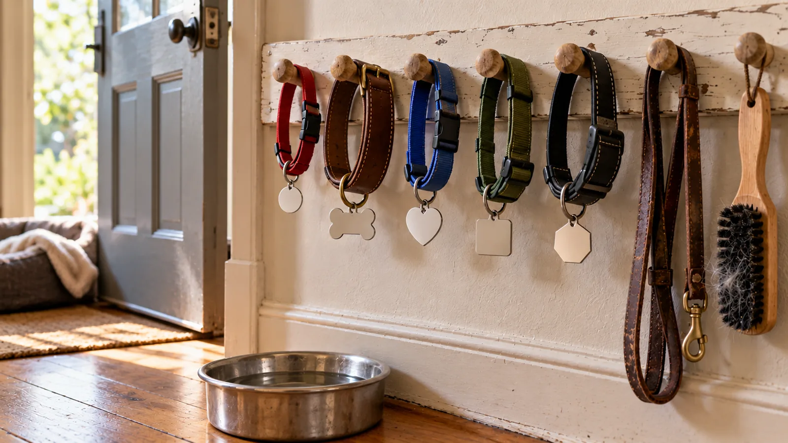 Five different dog collars on pegs by a home's front door, each with its own blank metal tag, beside a leash, a brush and a water bowl.