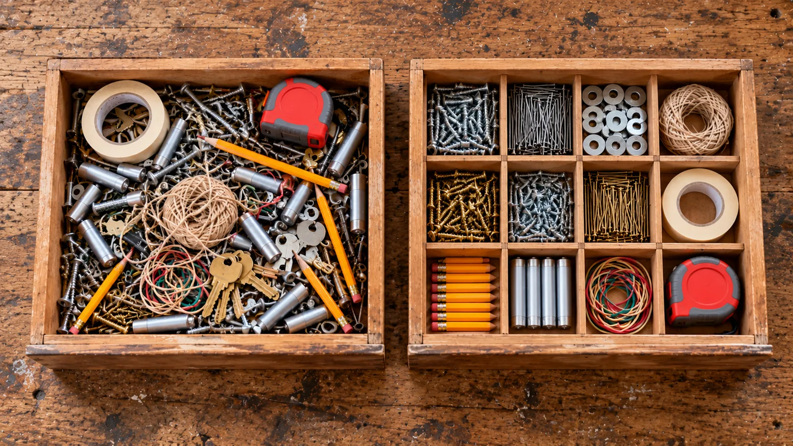 Two identical drawers on a workbench, seen from above: one jammed with everything mixed together, one divided so each kind of thing has its own compartment.