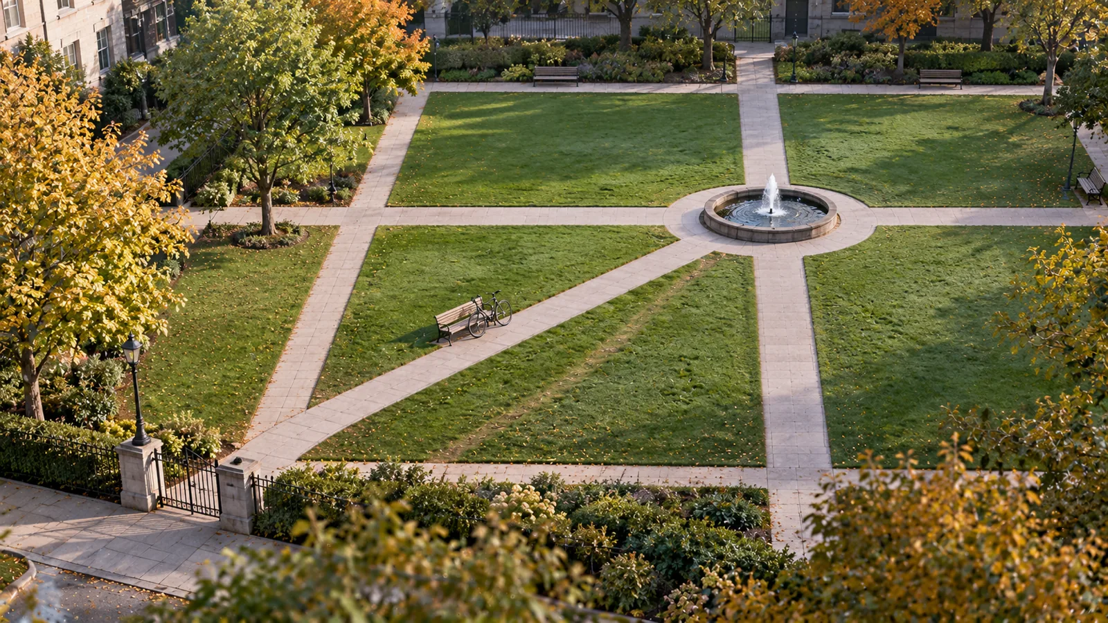 A park seen from above: paths at right angles, and one diagonal shortcut that people kept walking, now deliberately paved, with the old worn track still faint beside it.