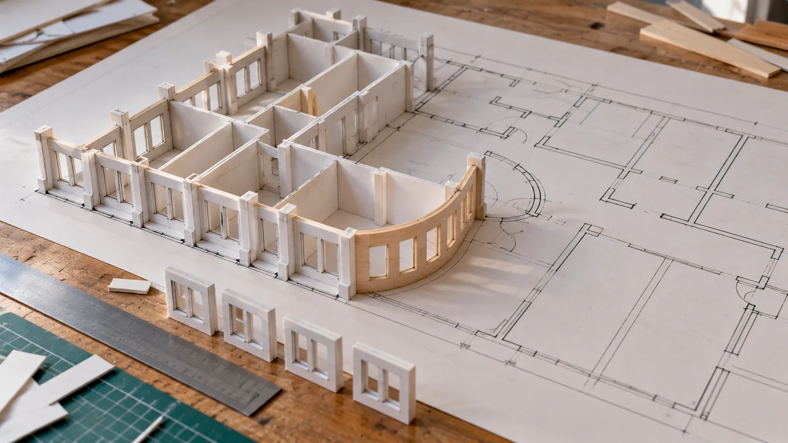 A white card model rising from the plan it was drawn on, built from repeated standard window pieces with one curved wooden wall, the rest of the plan still bare.