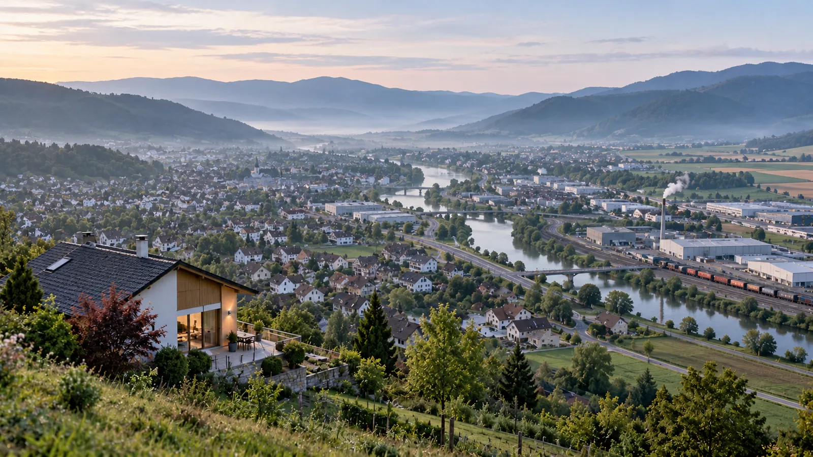 From a hilltop at dawn, one house in the foreground and a whole valley town beyond: streets, a factory, warehouses, a rail line and a river.