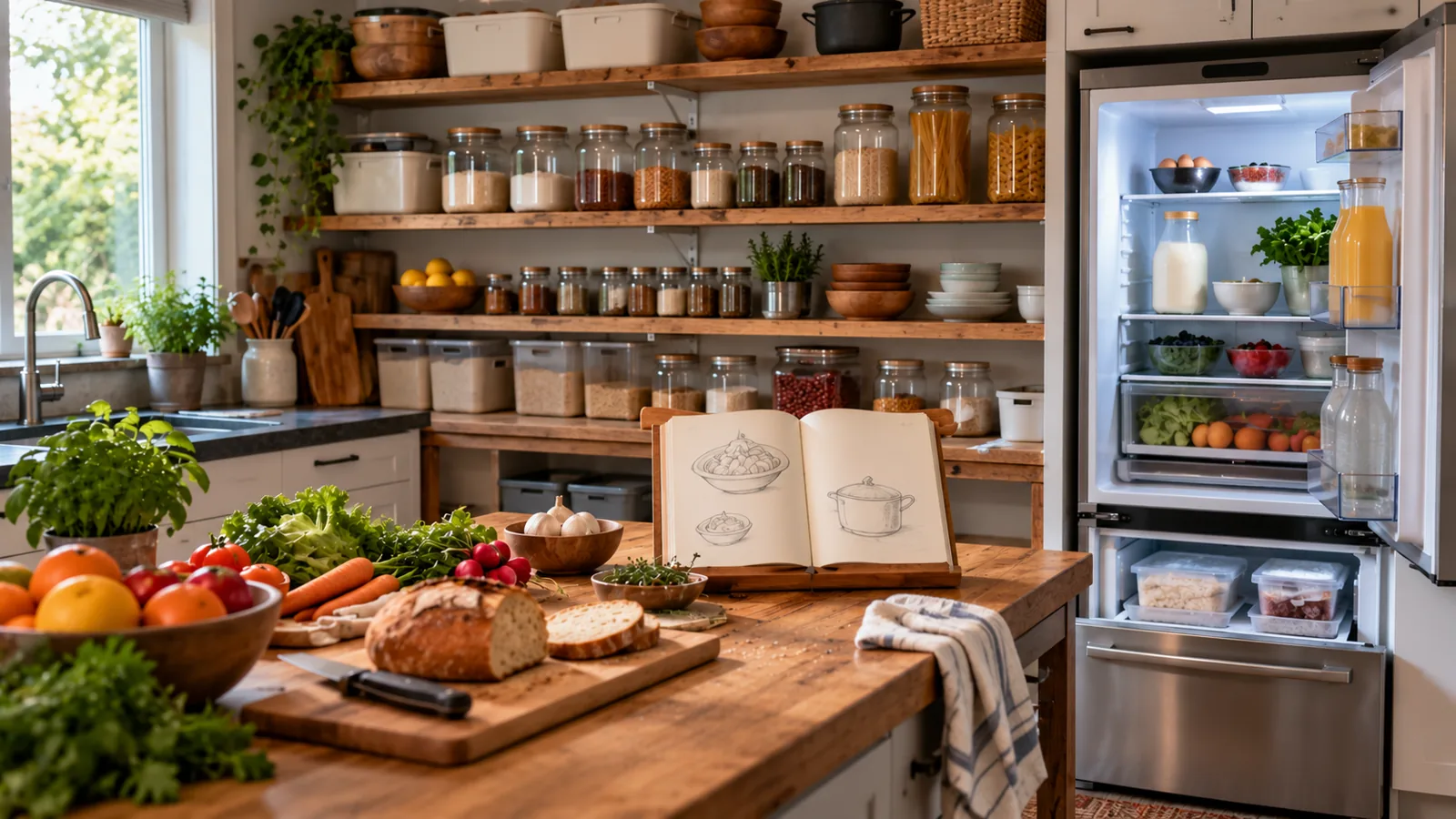 A kitchen where each kind of food is kept its own way: bins and jars on the pantry shelves, fresh food on the counter, the fridge and freezer, a recipe book.