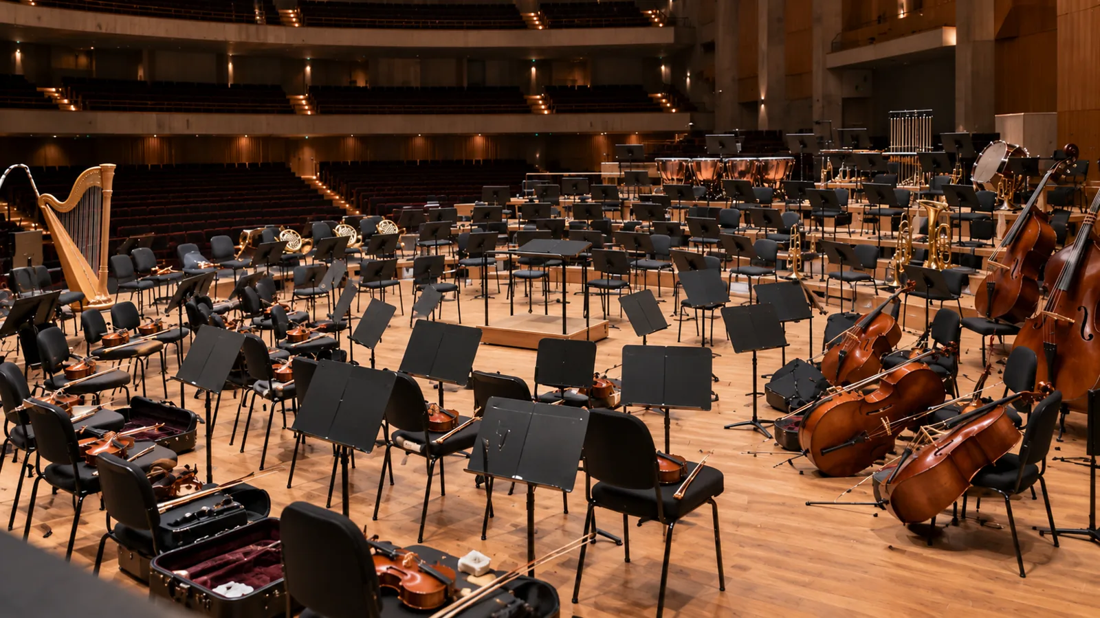 An empty concert stage before rehearsal, each chair with its instrument in its section, the conductor's podium and stand empty.