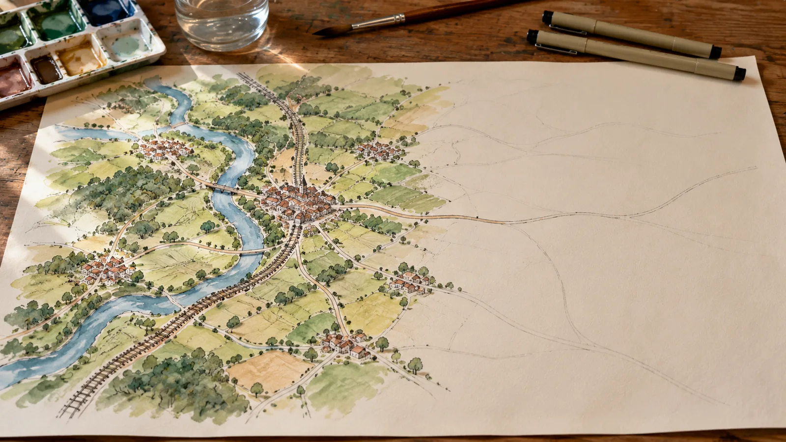 A hand-drawn map of a region in ink and watercolor, half finished: towns, roads, a river and a rail line on one side, faint pencil lines on bare paper on the other.