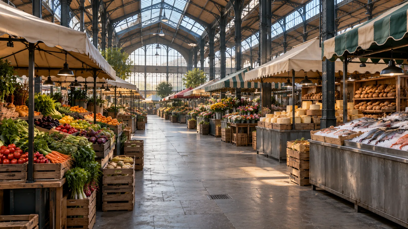 A covered market hall before it opens, many different stalls with their own counters and awnings under one great iron-and-glass roof.