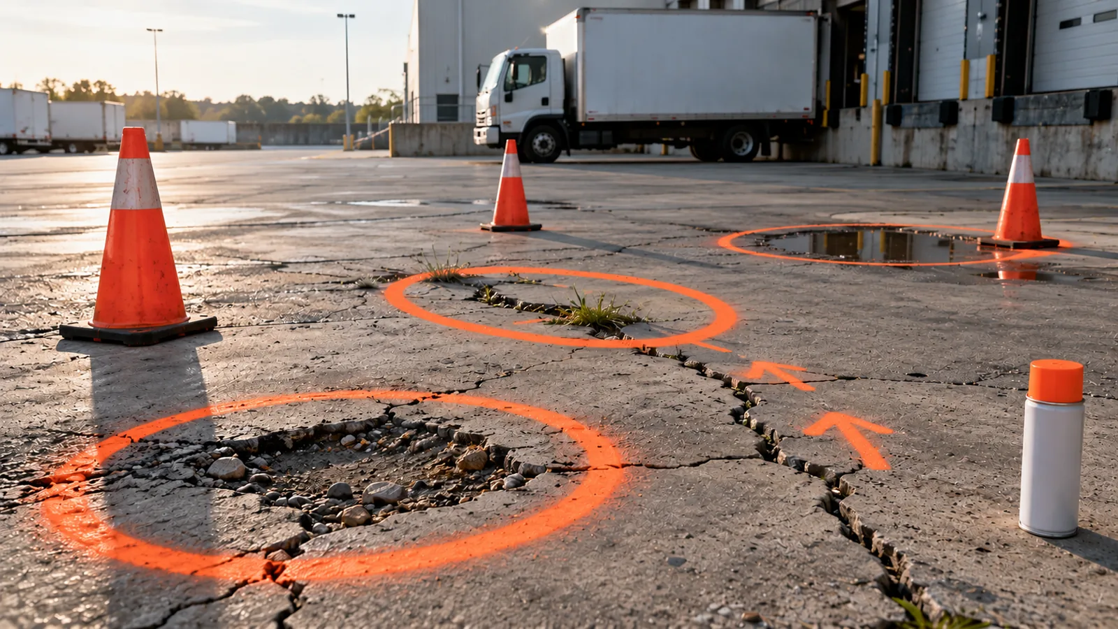 A cracked truck-yard surface with each problem circled in bright paint and orange cones set out, nothing repaired yet, a delivery truck at the dock behind.