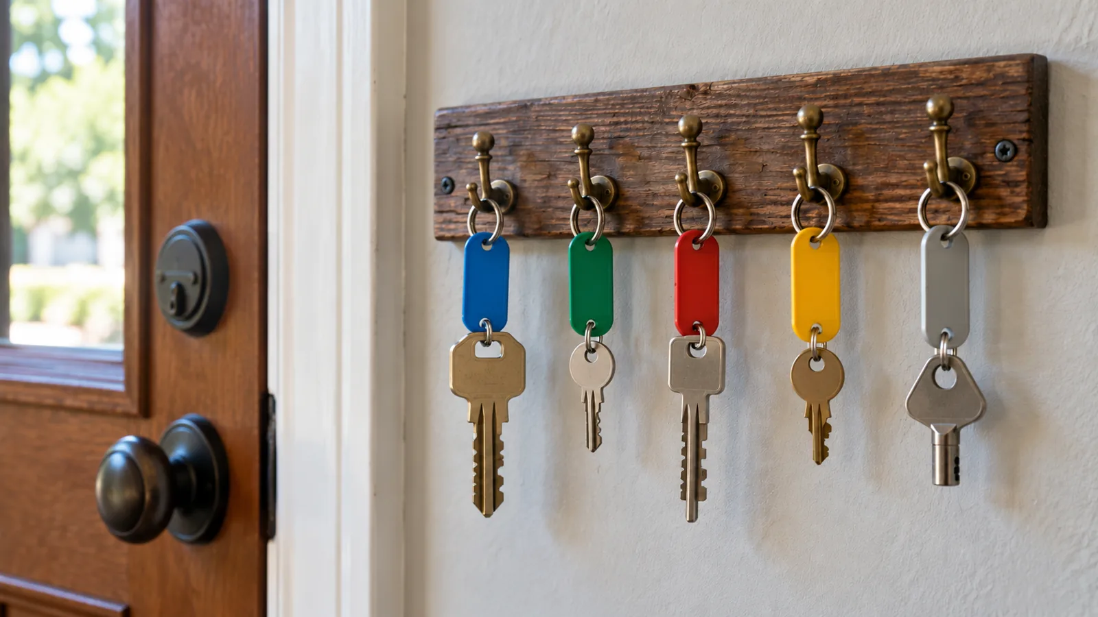 A key rack beside a front door, five different keys on their own hooks, each with a plain colored tag.