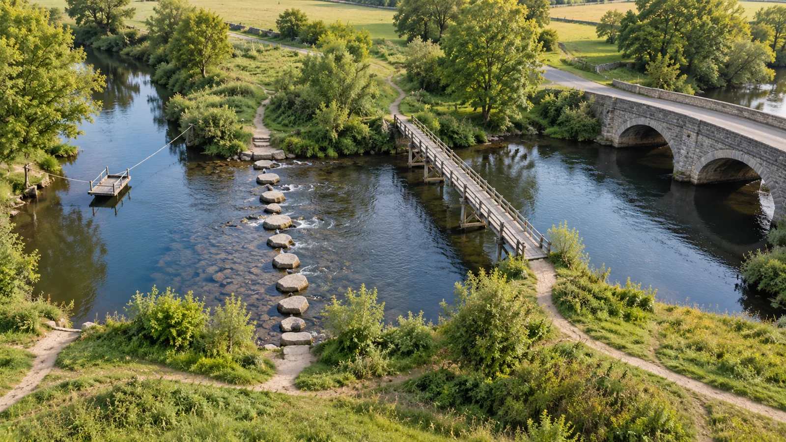 A river seen from above, crossed four different ways: a rope ferry, stepping stones, a wooden footbridge and a stone road bridge.