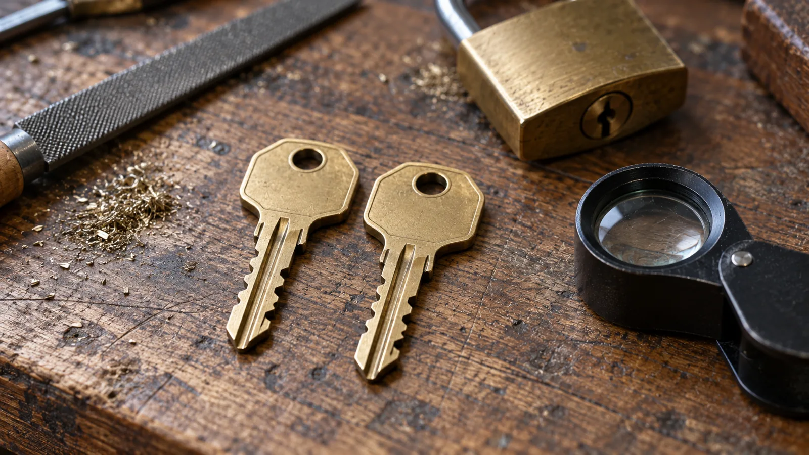 Two nearly identical brass keys side by side on a locksmith's bench, a loupe and a padlock beside them to compare the cuts.