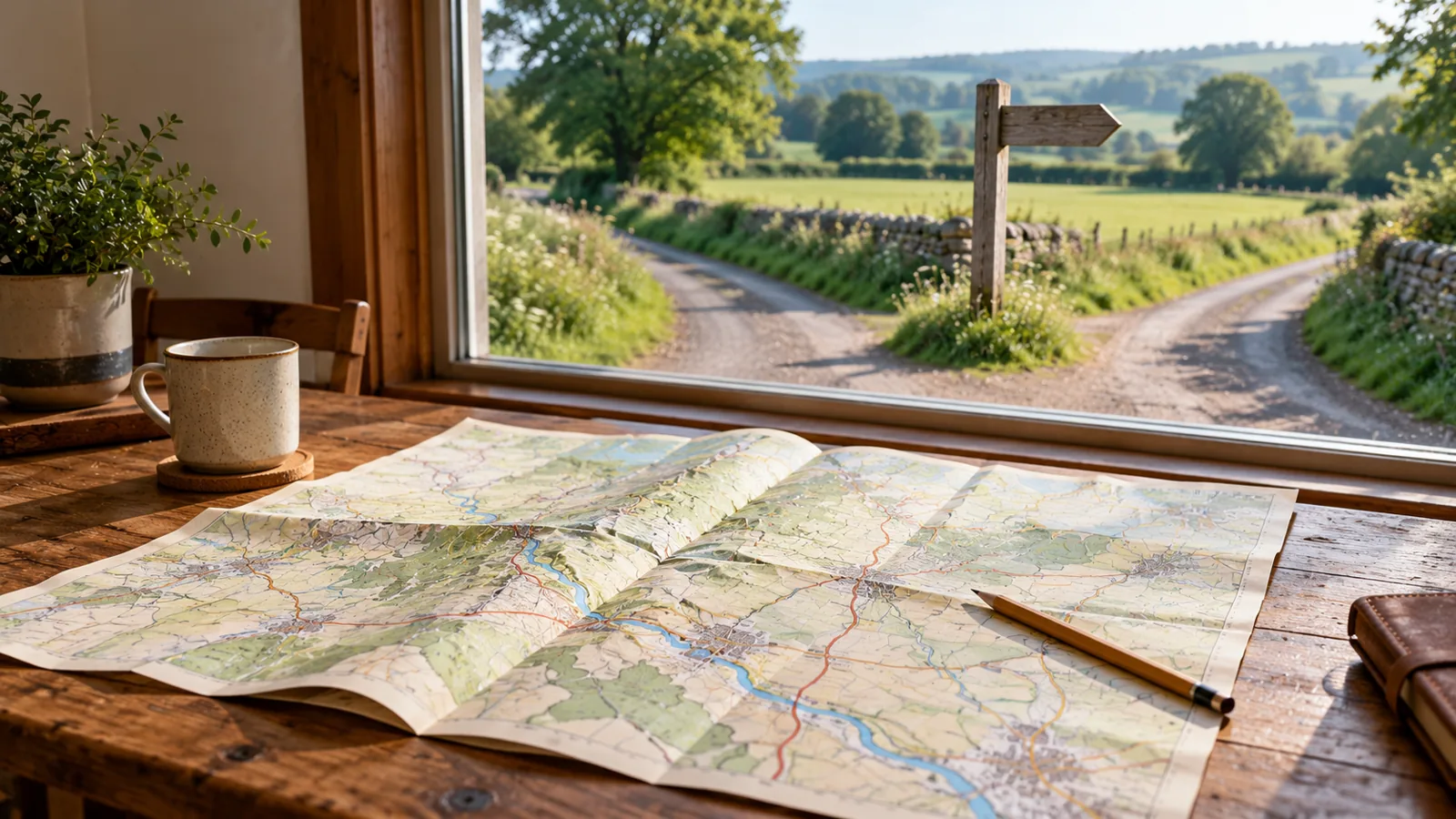 A road map spread on a table by a window, and outside, a single blank signpost at a fork in the lane pointing one way.