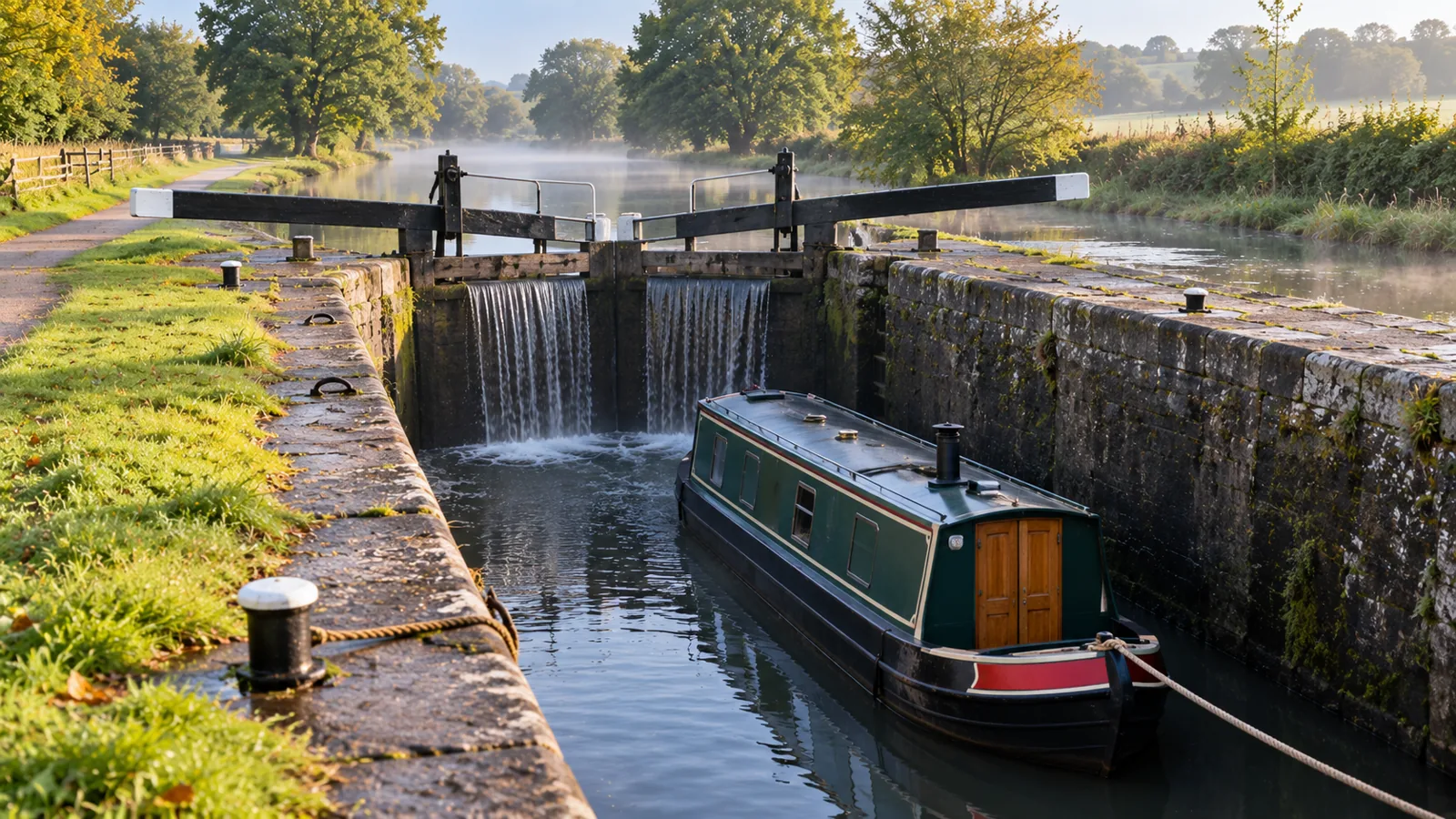 A canal lock in the morning mist, its wooden gates holding back the higher water while a narrowboat waits in the basin below.