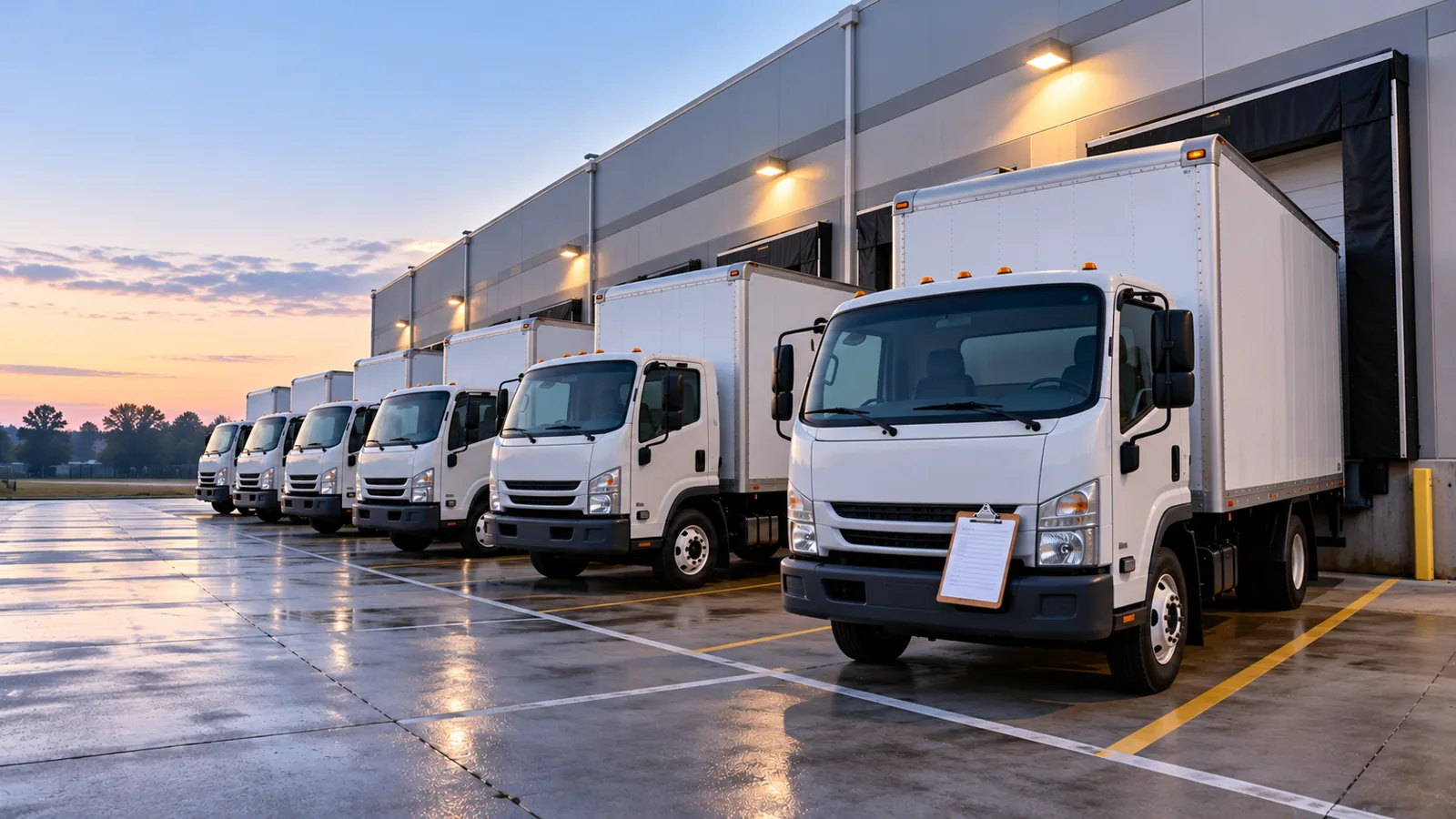 A row of plain white delivery trucks ready at the loading doors at first light, a clipboard on the front of the nearest one.