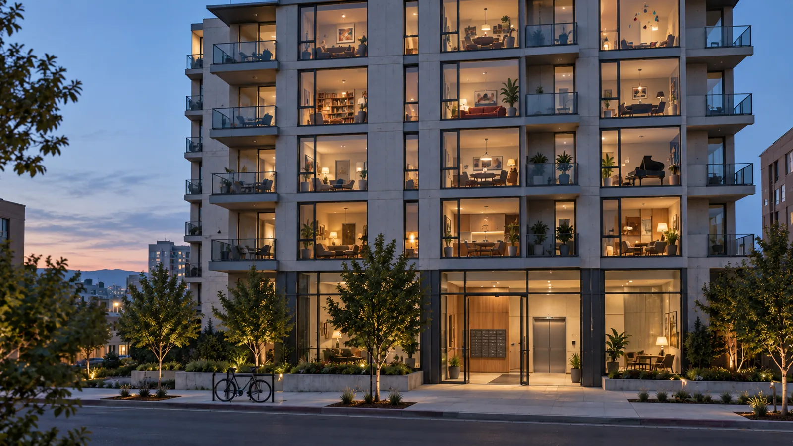 An apartment building at dusk, every window lit and every apartment furnished differently, above one shared glass lobby with its elevator and mailboxes.