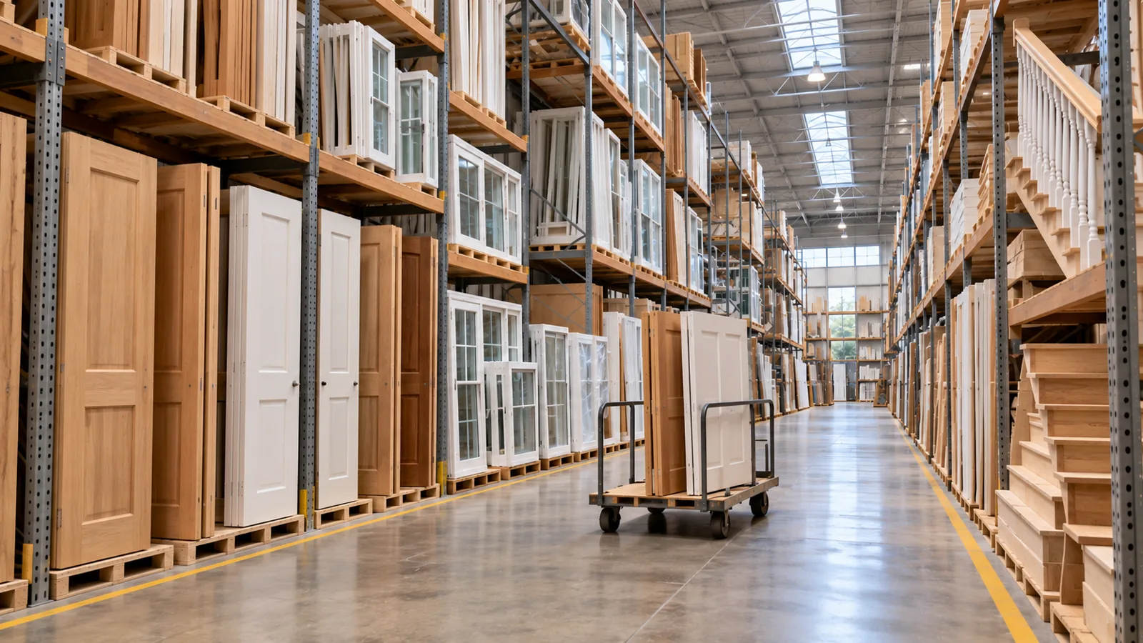 An aisle of a builders' supply warehouse, its racks stacked with ready-made standard doors, windows and stair parts, a cart waiting in the aisle.