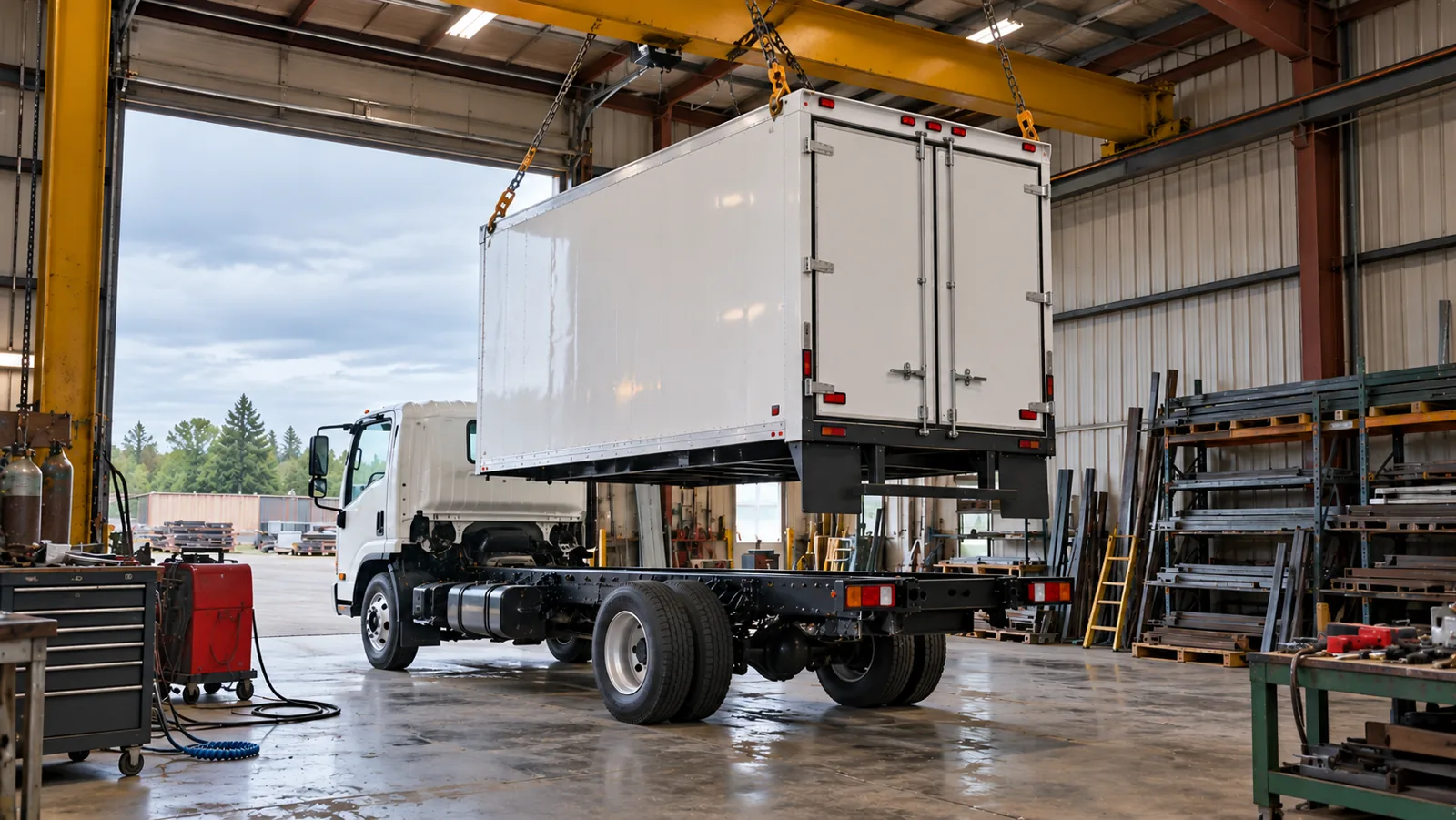 In a truck body shop, a custom white box body hangs on chains above a standard truck chassis, already fitted with its doors, lights and mud flaps.