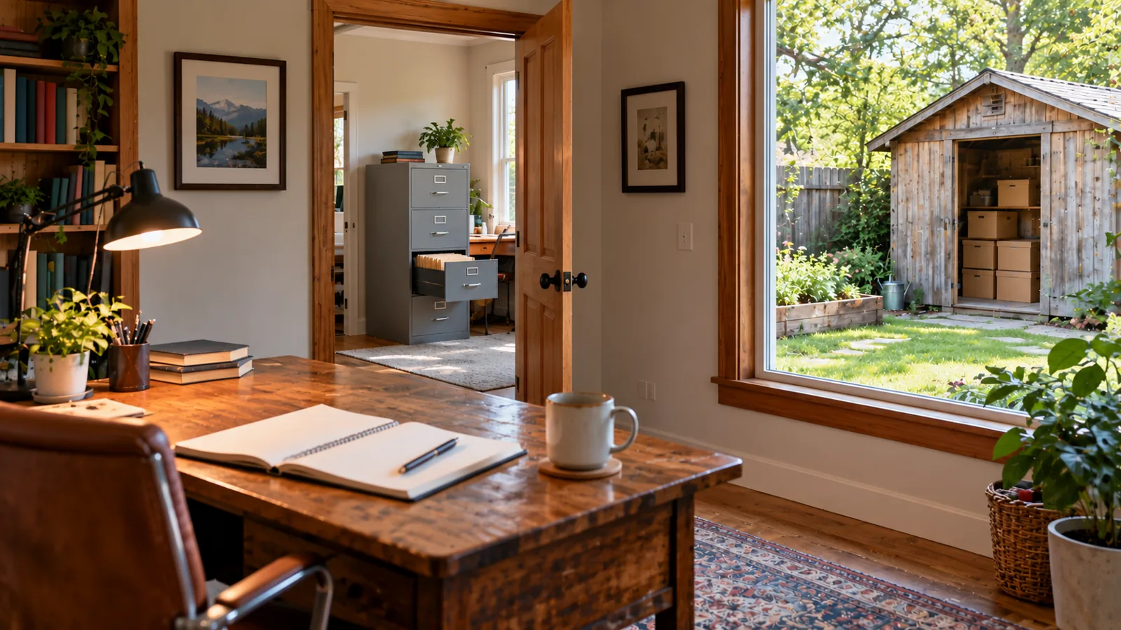 A desk in the foreground, a filing cabinet in the next room through an open door, and through the window a shed with archive boxes at the back of the yard.