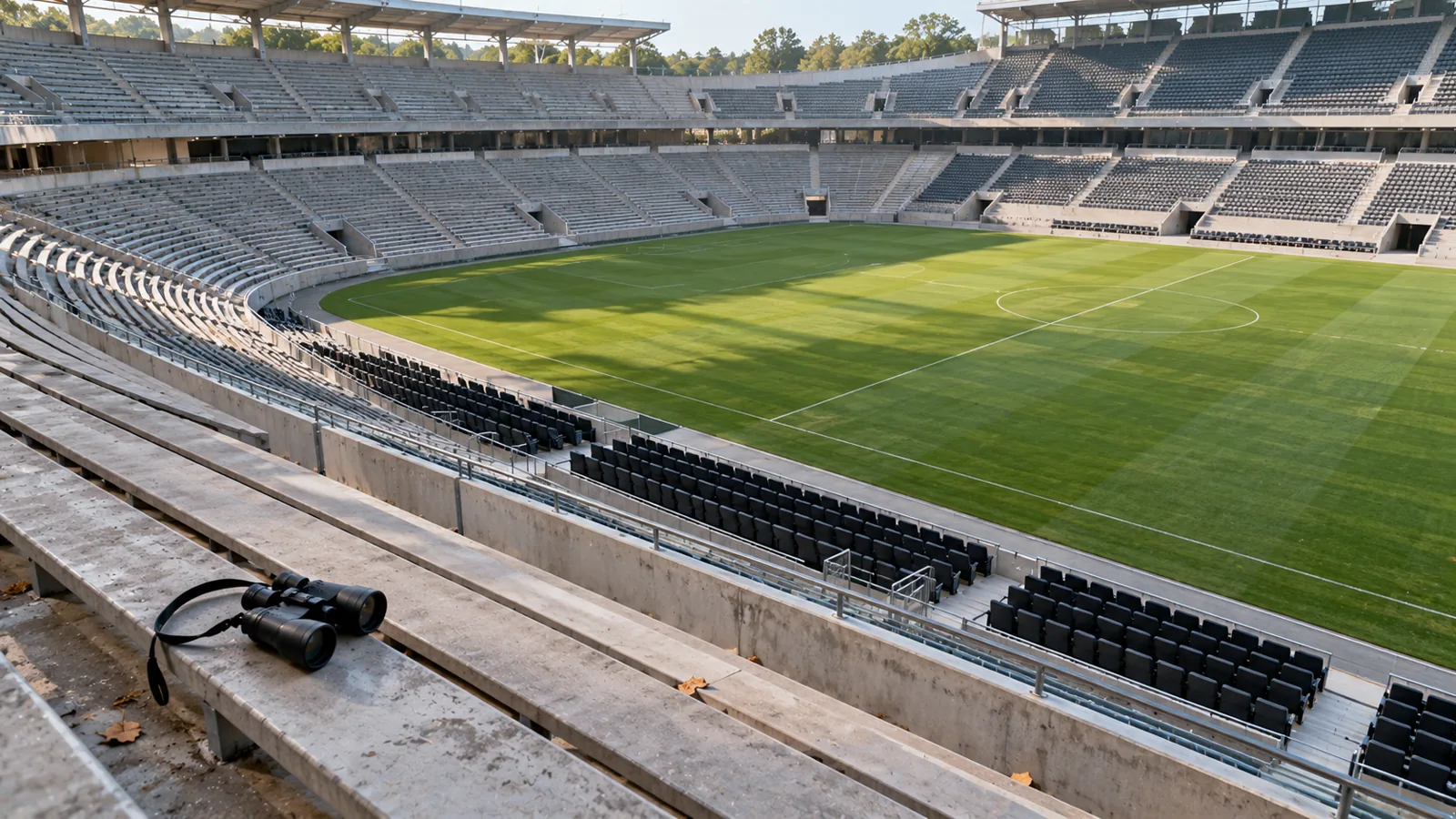 An empty stadium seen from the corner bleachers, a pair of binoculars left on a concrete bench, with padded seats far below beside the field.