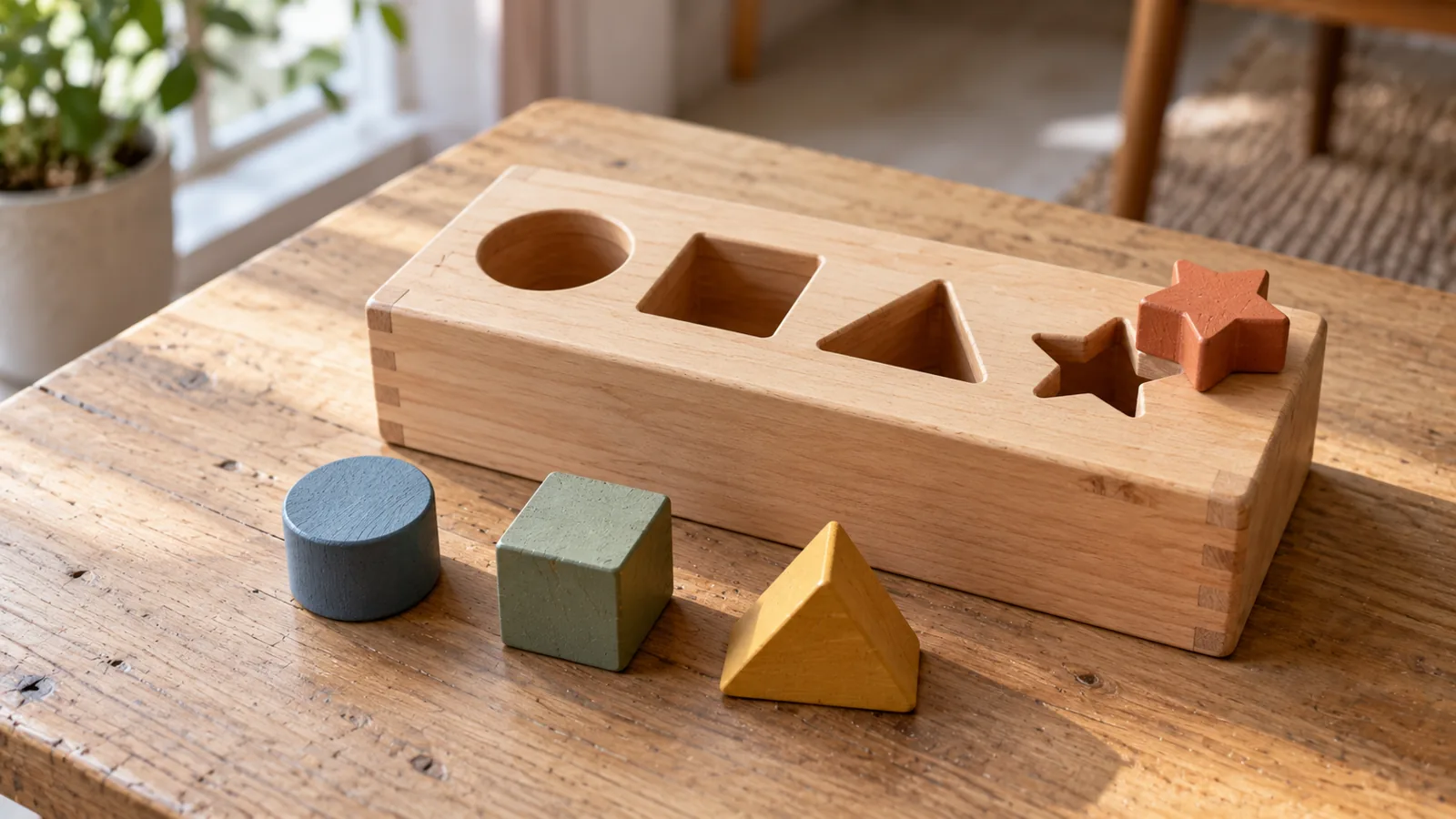A wooden shape-sorter block with round, square, triangular and star holes, the matching pieces beside it and the star resting by its hole.