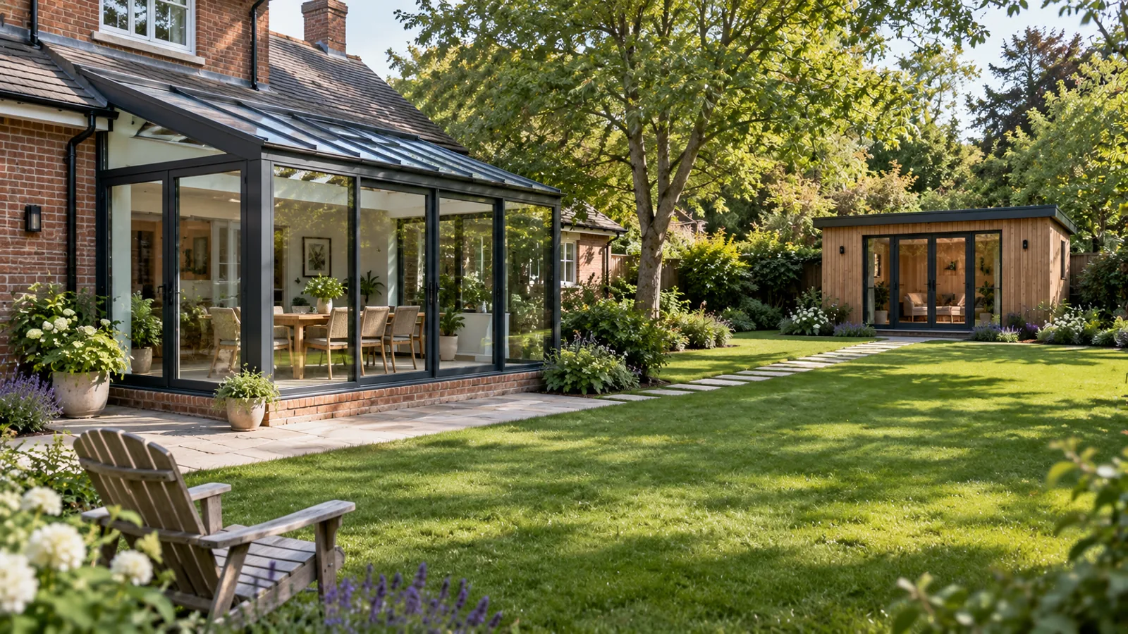 A brick house with a glass room built onto its side, and a separate timber garden studio across the lawn, joined to it only by a stepping-stone path.