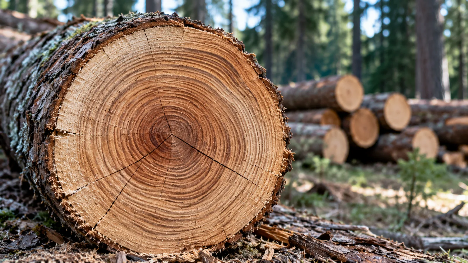 The cut end of a large log in a forest, every year's growth ring visible from the center to the bark.