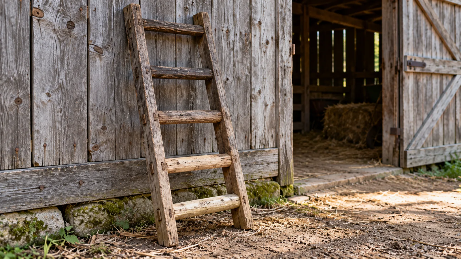 An old five-rung wooden ladder against a barn wall, its lowest rungs worn smooth from use and its top rungs barely touched.