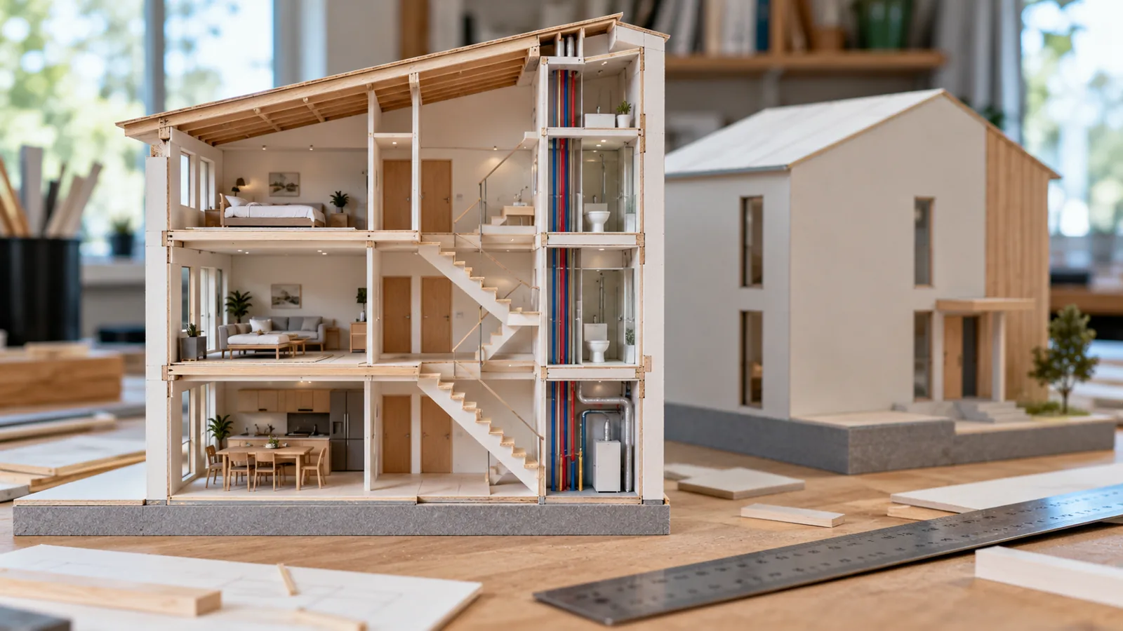A section model cut straight through a small building, showing every floor, room, stair and pipe in one slice.