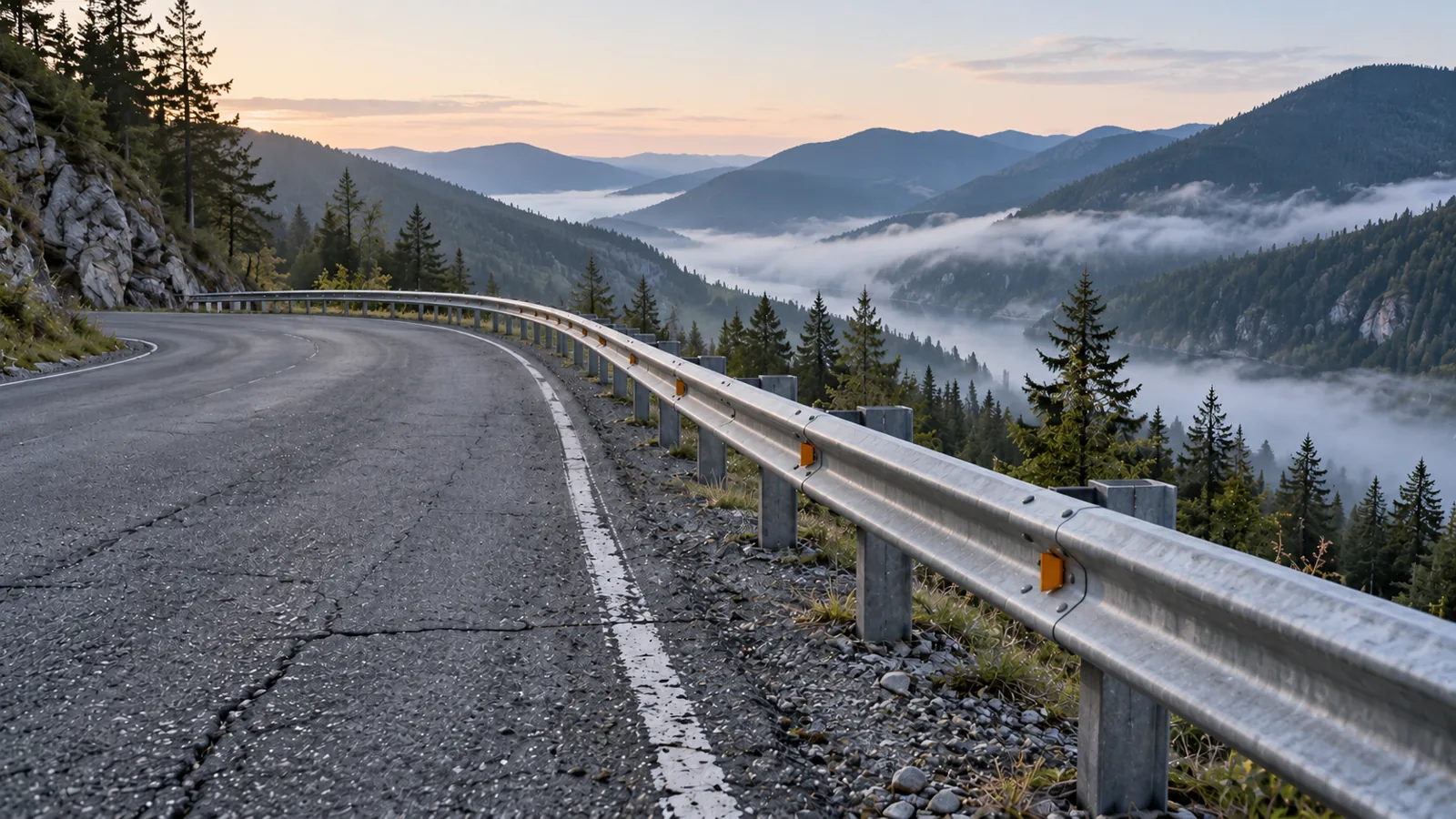 A mountain road curving above a misty valley at dawn, a steel guardrail running the whole length of the bend and no warning sign.