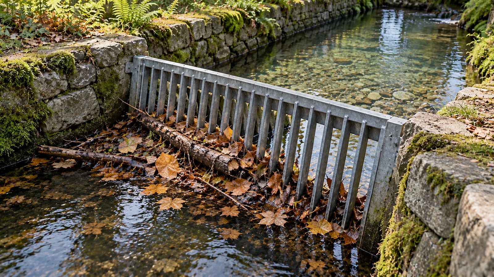 A steel grate across a stone water channel, leaves and a branch held back on one side and clear water flowing on beyond it.