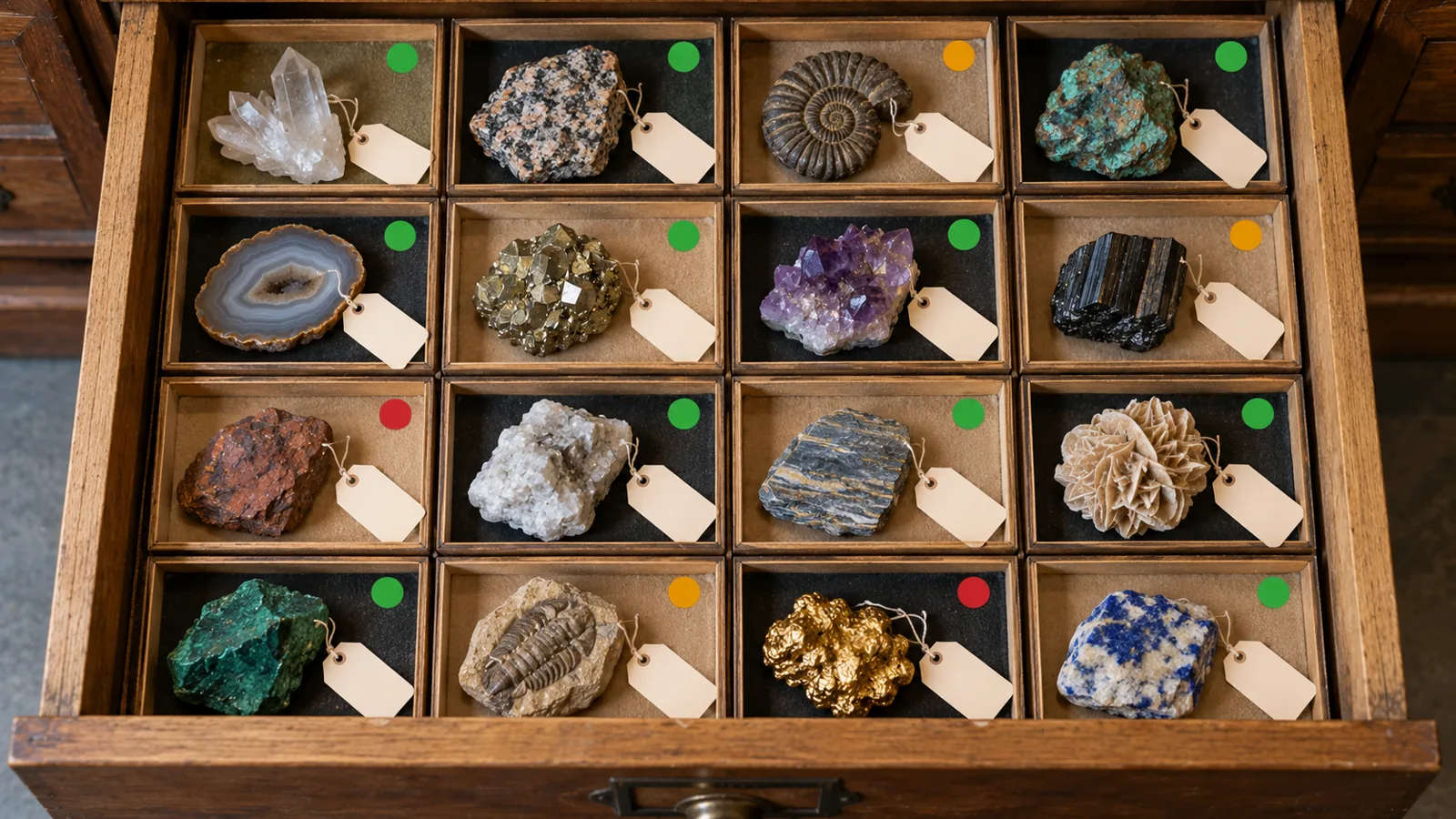 A museum drawer of mineral specimens and fossils, each in its own tray with a blank tag and a green, amber or red dot.
