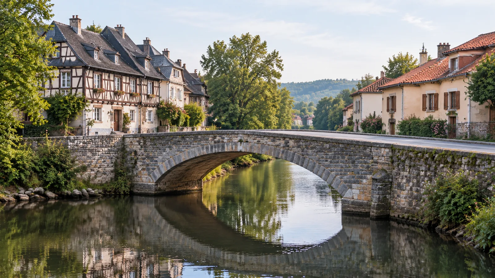 An old stone bridge carries one road across a calm river between two towns with different roofs and building traditions.