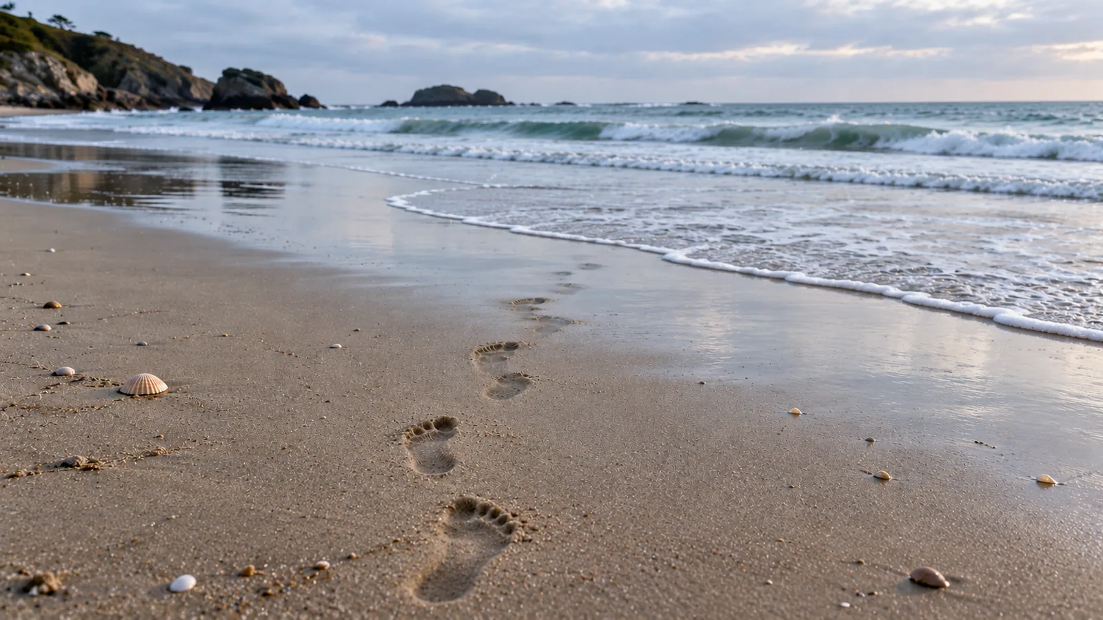 A line of footprints across a beach toward the sea, the last few washed away by the tide while the earlier ones remain.