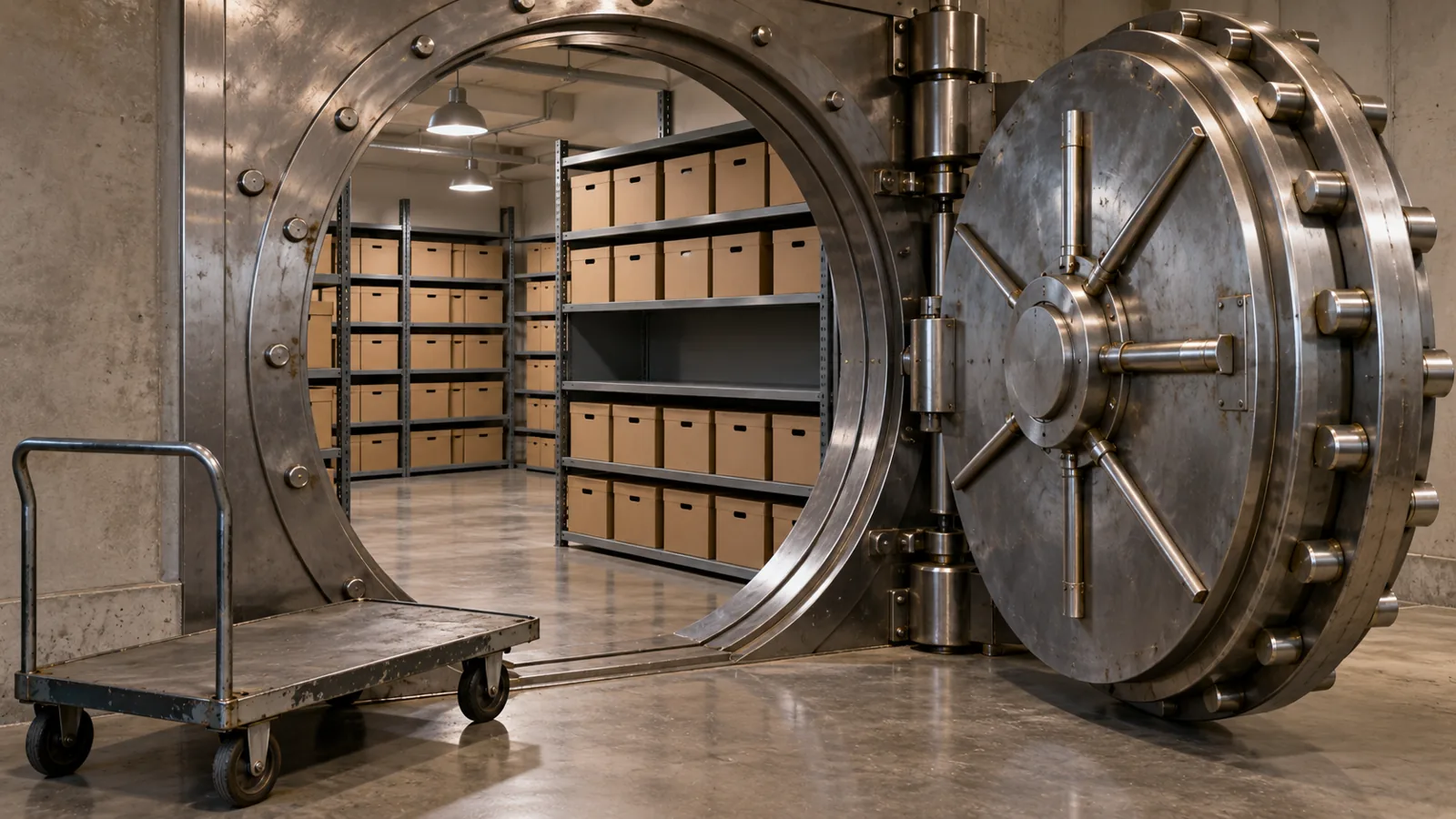 A heavy round vault door standing open onto rows of plain archive boxes, one shelf already empty and a cart waiting outside.