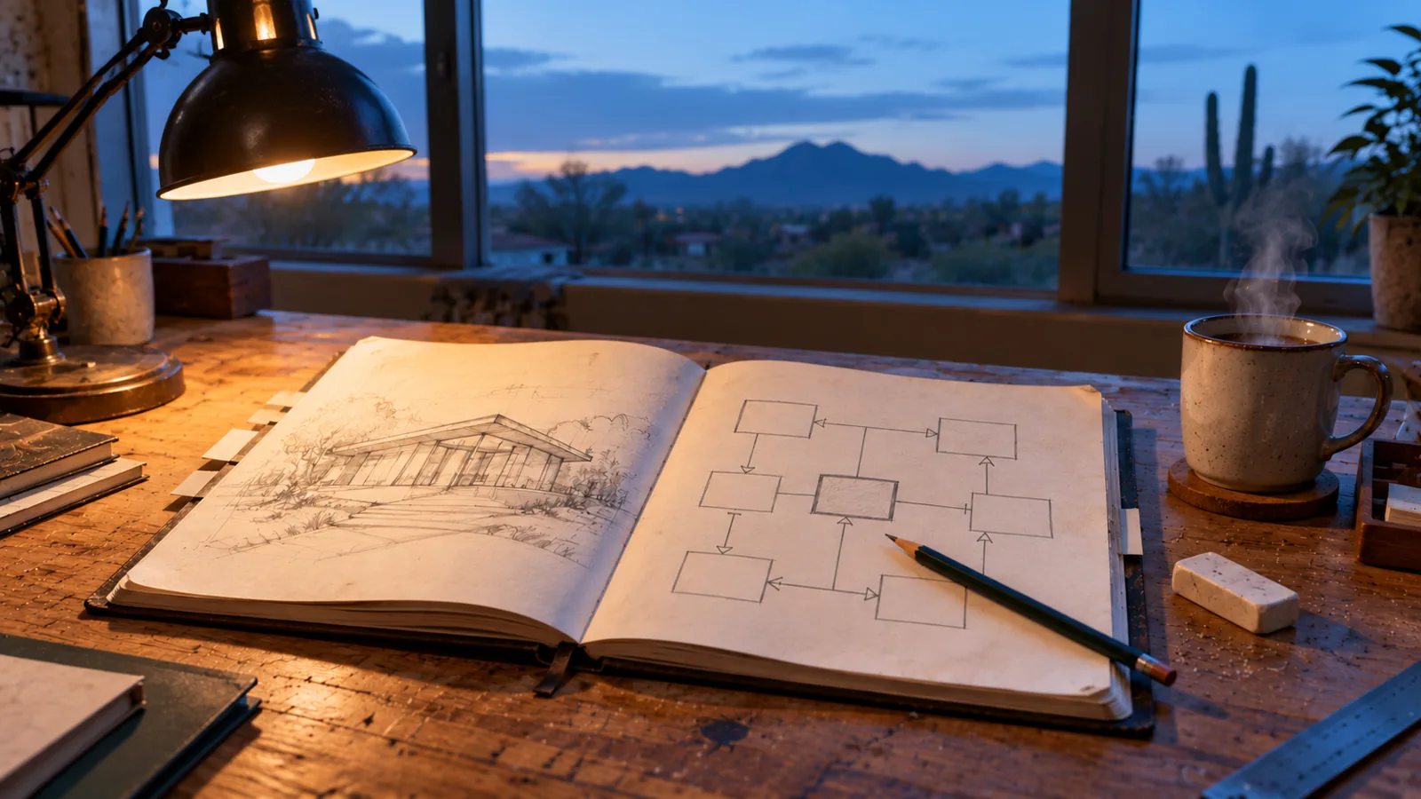 An open sketchbook on a drafting table at dawn, a building sketched on one page and a data model on the other, with a pencil, an eraser, a cup and a lamp.