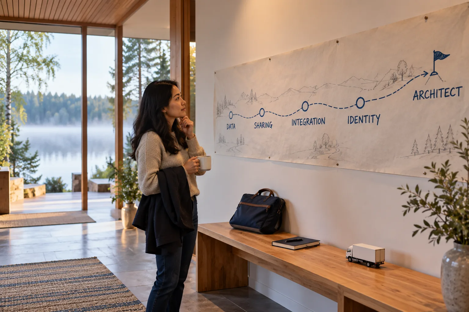 A developer with her morning coffee studies a hand-drawn route on the wall: Data, Sharing, Integration, Identity, then Architect