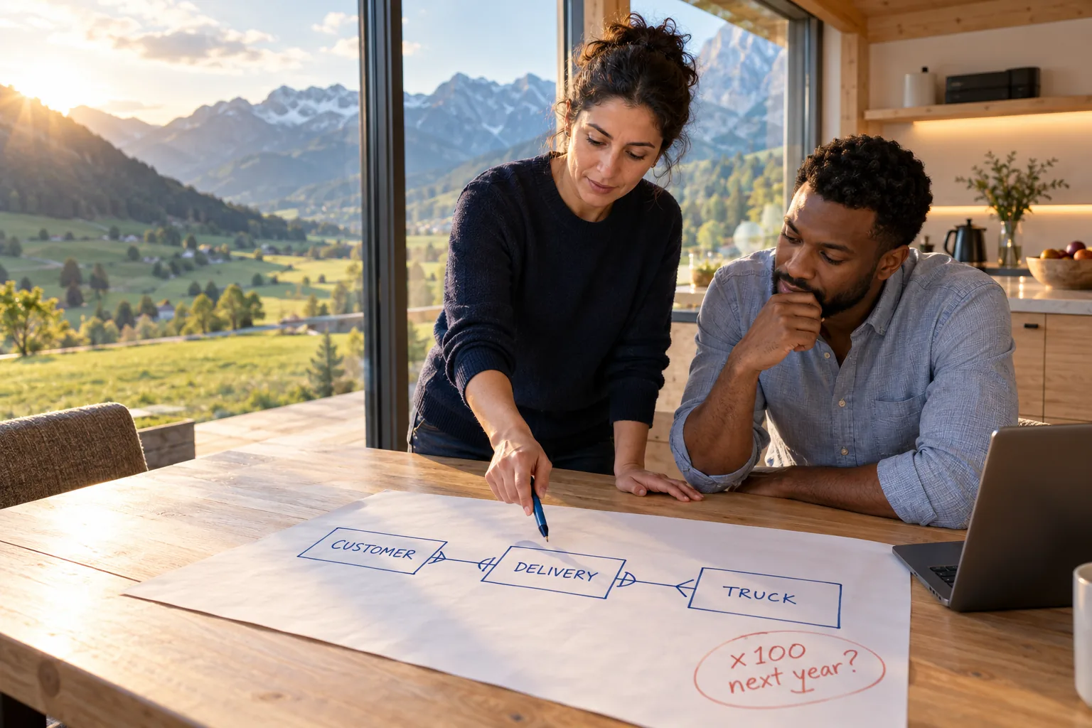 A data architect points at a hand-drawn model of customers, deliveries and trucks while a developer weighs the question in the margin: x100 next year?