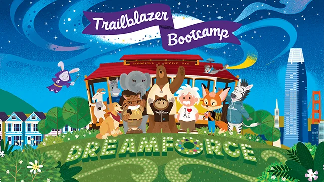 Trailblazer Bootcamp في Dreamforce: تمائم Salesforce على عربة ترام معلّقة في سان فرانسيسكو