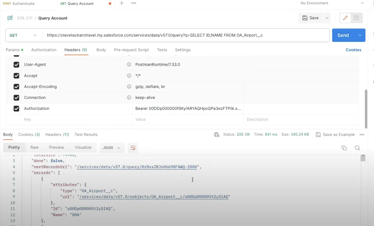 لقطة شاشة من Postman: استعلام REST يستخدم رمز الوصول في ترويسة التفويض، ويعيد السجلات بصيغة JSON