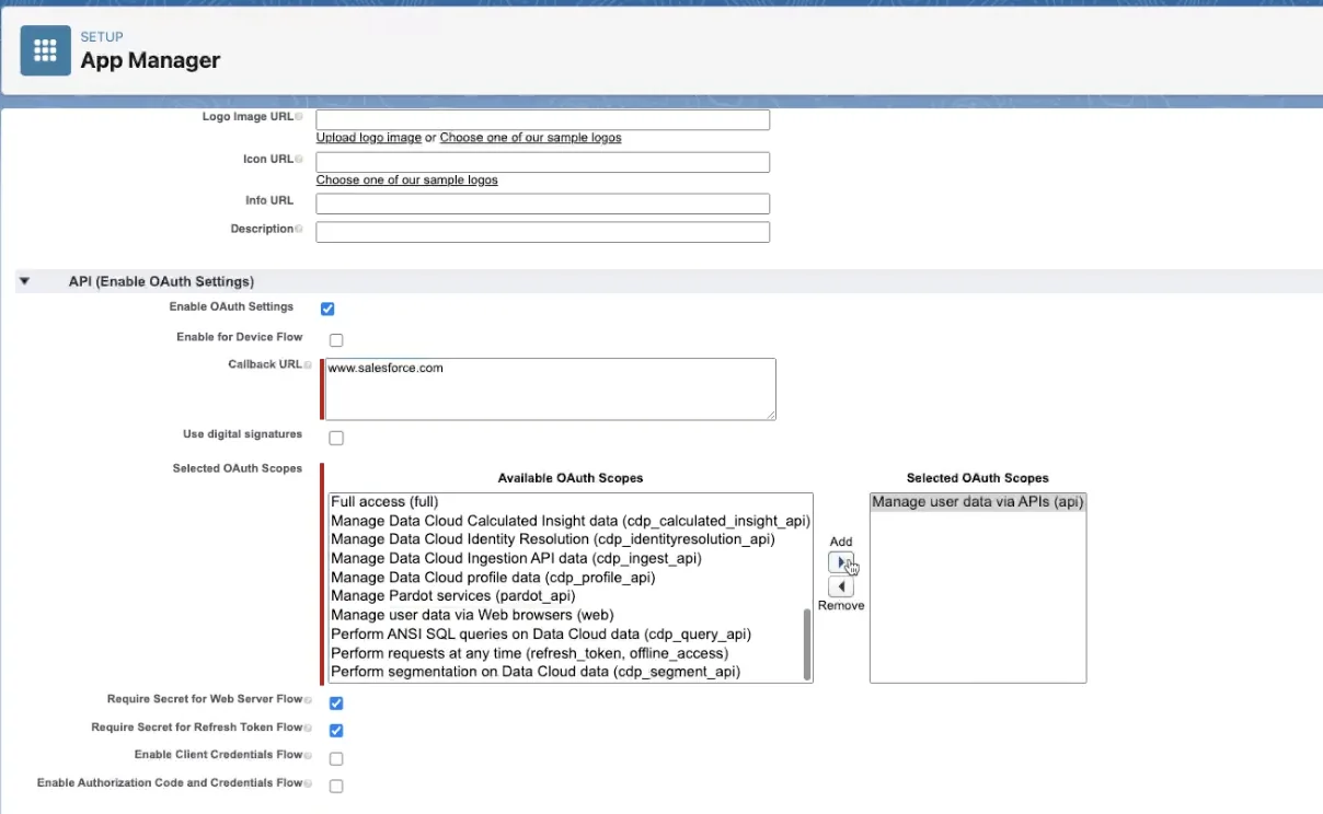 لقطة شاشة: اختيار نطاقات OAuth للتطبيق المتصل وتحديد عنوان callback URL
