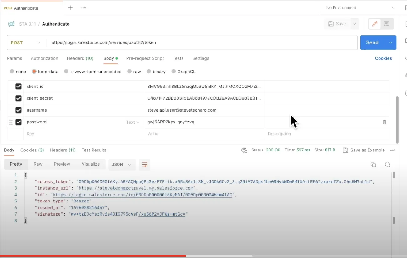لقطة شاشة من Postman: طلب POST إلى نقطة نهاية الرموز في OAuth لدى Salesforce يعيد رمز وصول