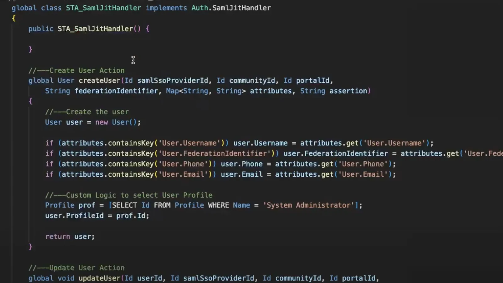Apex-kode: en brugerdefineret SAML JIT-handler, hvis createUser-metode bygger en ny bruger ud fra SAML-attributterne (brugernavn, federations-id, telefon, e-mail) og sætter profilen