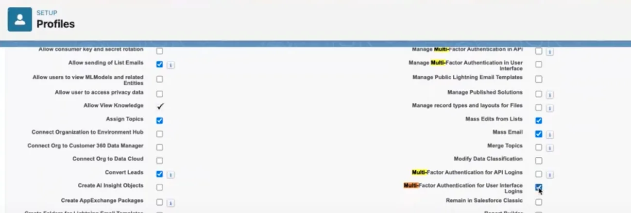 خانة اختيار في ملف التعريف لتفعيل MFA: ‏Multi-Factor Authentication for User Interface Logins (أسفل يمين الصورة)